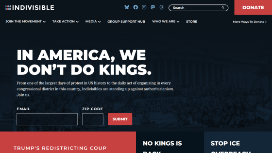 Indivisible website with a call to action against authoritarianism and a sign-up form.