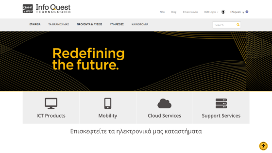 Homepage of InfoQuest Technologies featuring services and a tagline about redefining the future.