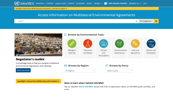 InforMEA homepage with search bar and browse options for environmental topics, regions, and parties