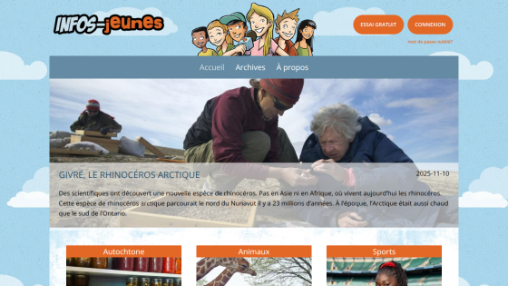 French educational site Infos-jeunes with article on Arctic rhinoceros discovery and navigation links