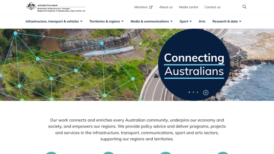 Homepage featuring 'Connecting Australians' with a coastal background and description of services.