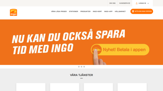 Ingo website header with navigation and orange hero banner promoting app payment feature