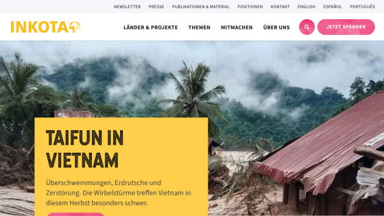 Headline about typhoon in Vietnam with background image of flood and damaged houses