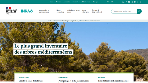 Homepage of INRAE featuring the Mediterranean trees inventory with a scenic background.
