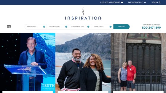 Website header for 'Inspiration' with images of speakers and travelers.