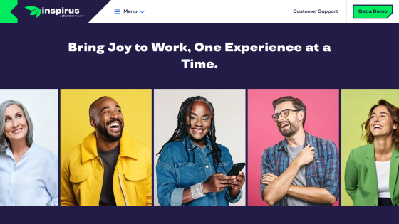 InspirUS homepage with headline 'Bring Joy to Work, One Experience at a Time' and smiling diverse people in colorful backgrounds