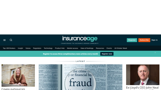 Insurance Age website homepage with navigation, registration prompt, and latest news articles on insurance topics