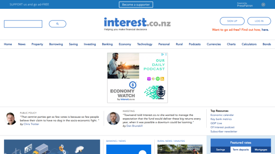 Homepage of interest.co.nz featuring news categories and a podcast section.