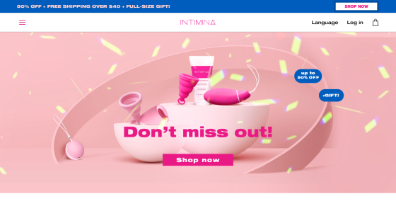 Pink-themed product promotion with menstrual cups, moisturizer, and vibrator, offering up to 50% off and a gift
