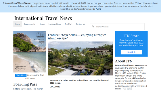 Homepage of International Travel News featuring a tropical island escape article.