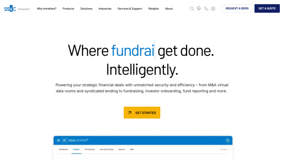 Homepage featuring a tagline about intelligent fundraising solutions and a call to action button.