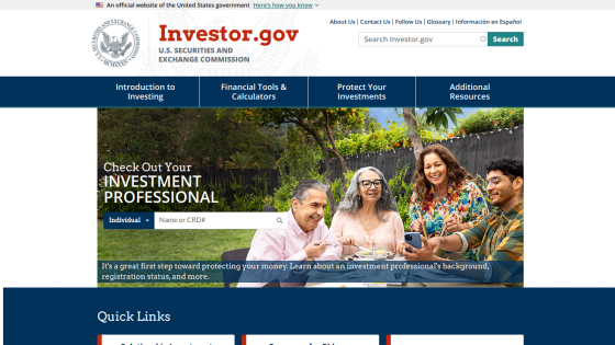 Investor.gov homepage featuring a call to check investment professionals and quick links.
