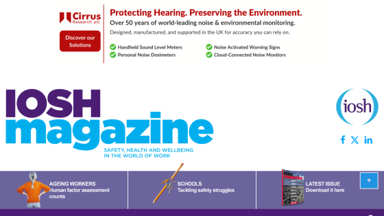 IOSH magazine homepage featuring safety and wellbeing topics, latest issue download, and Cirrus Research ad on noise monitoring