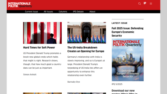 Internationale Politik Quarterly homepage featuring articles on global politics and the Fall 2025 issue on Europe's economic security