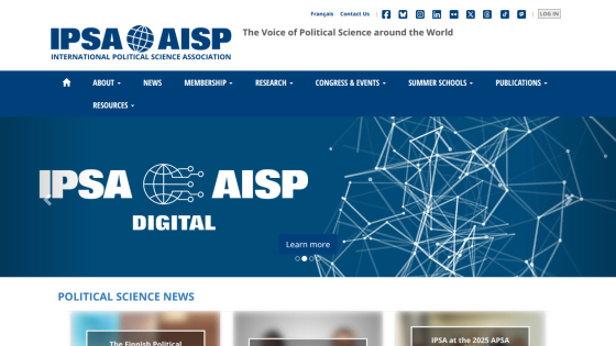 International Political Science Association homepage with navigation menu and digital event promotion