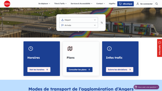 Public transport website for Angers with route planner, schedules, maps, and traffic info