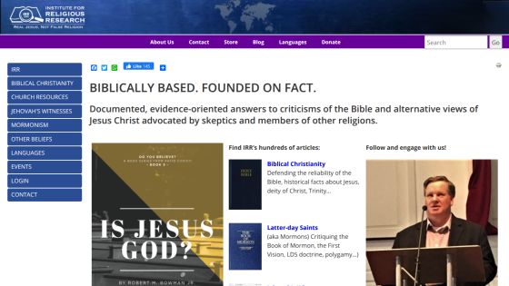Institute for Religious Research homepage with navigation links and featured content on biblical Christianity and other beliefs