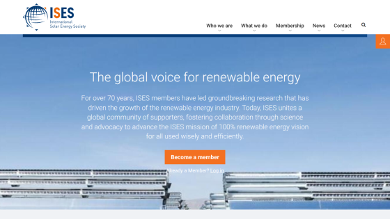 International Solar Energy Society homepage with mission statement and membership call to action