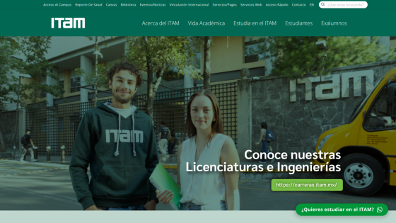 ITAM homepage featuring students and a call to explore degrees and engineering programs.