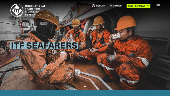 International Transport Workers' Federation homepage featuring ITF Seafarers with workers in orange uniforms taking a break