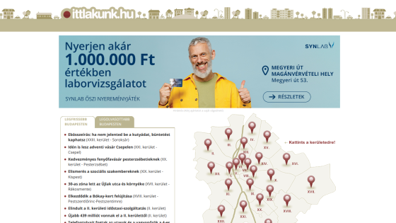 Hungarian local news site with a map of Budapest districts and latest news headlines, plus a lab test prize ad