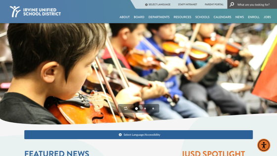 Homepage of Irvine Unified School District featuring students playing violins.