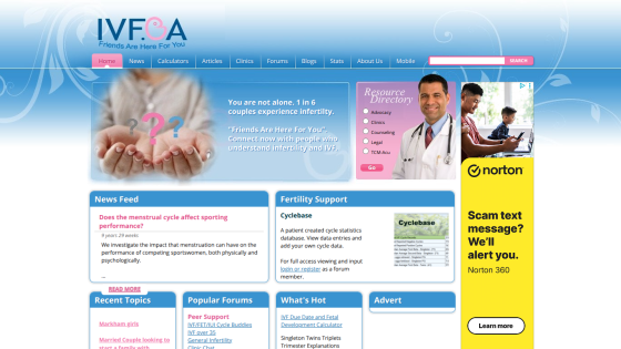Homepage of IVF clinic featuring support topics and a doctor image.