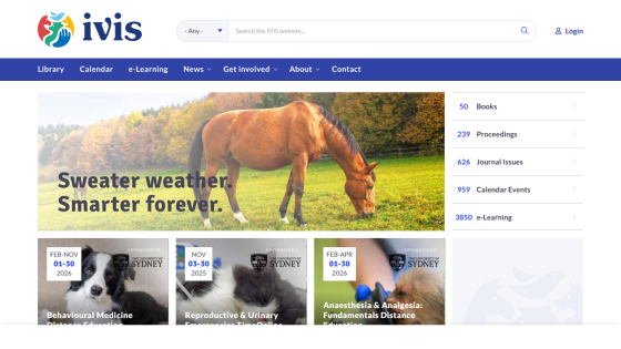 IVIS website homepage with navigation menu, search bar, and hero image of a horse with text Sweater weather. Smarter forever.