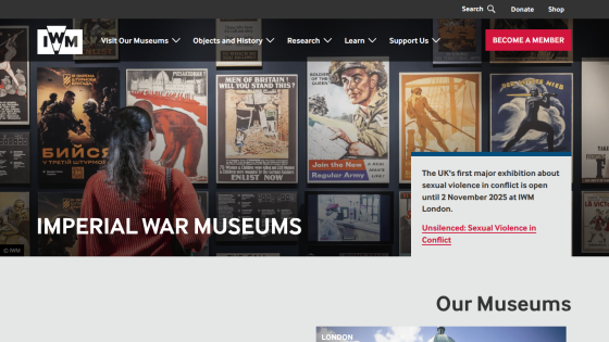 Homepage of Imperial War Museums featuring exhibition information and museum highlights.
