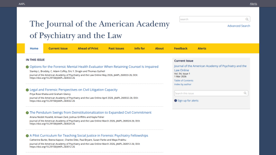 Homepage of the Journal of the American Academy of Psychiatry and the Law with articles listed.