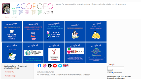 Homepage of Jacopofo.com featuring various sections and links in a grid layout.