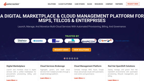 Digital marketplace and cloud management platform for MSPs, telcos, and enterprises with service options listed.