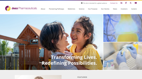 Homepage of Jazz Pharmaceuticals featuring a mother and child with the tagline 'Transforming Lives. Redefining Possibilities.'