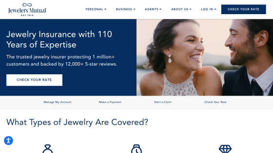 Jewelry insurance service offering with a couple smiling and a call to action to check rates.