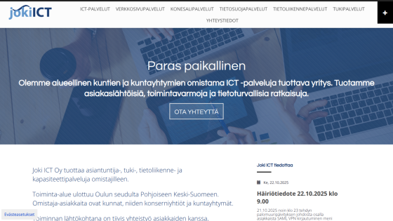 Website homepage with navigation bar, headline about local ICT services, and a contact button