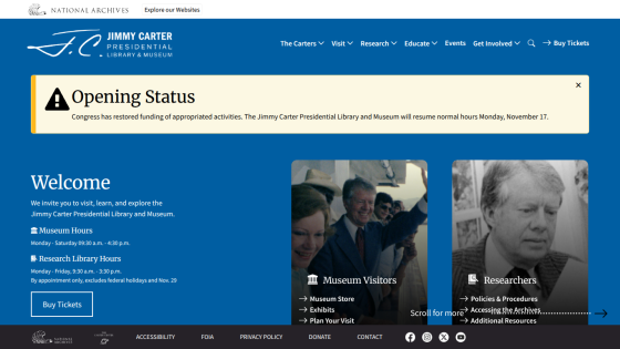 Jimmy Carter Presidential Library homepage with opening status, welcome message, museum and research library hours, and visitor information