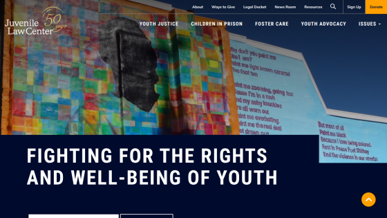 Juvenile Law Center homepage with navigation and headline 'Fighting for the rights and well-being of youth' over colorful mural background