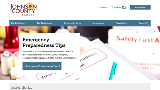 Johnson County website featuring emergency preparedness tips and navigation options.
