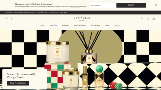Jo Malone London homepage with navigation and featured Orange Bitters collection and shop button