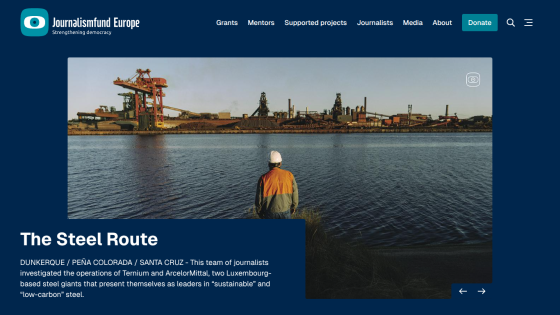 Journalismfund Europe website featuring The Steel Route investigation on sustainable steel by Ternium and ArcelorMittal