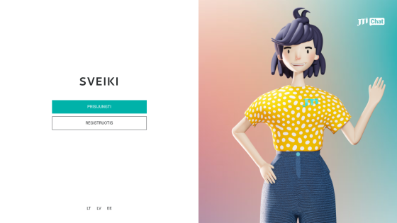 Login page with 'SVEIKI' greeting, email and password fields, and a waving female character illustration