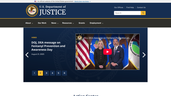 U.S. Department of Justice homepage featuring a video message on awareness day.