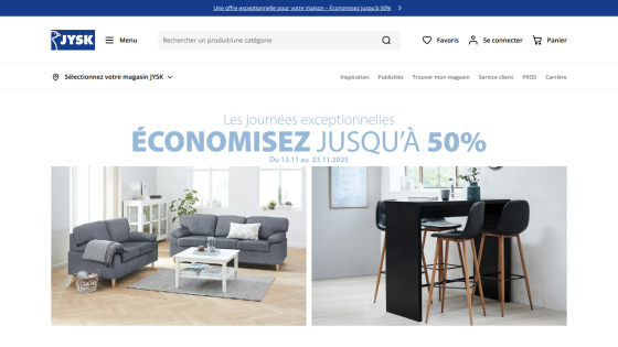 JYSK homepage with a promotion for up to 50% off from Nov 13 to Nov 23, 2025, showing living room and dining furniture