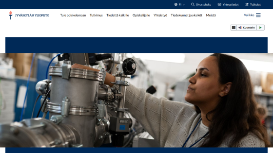 A woman adjusting equipment in a lab setting, with navigation links above.