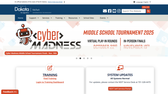 North Dakota EduTech homepage featuring Cyber Madness Middle School Tournament 2025 with training and system updates sections