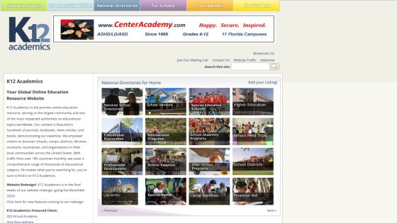 K12 Academics homepage with education topics navigation and national directories for home categories
