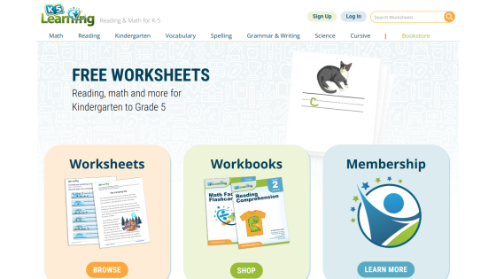 Homepage featuring free worksheets, workbooks, and membership options for educational resources.