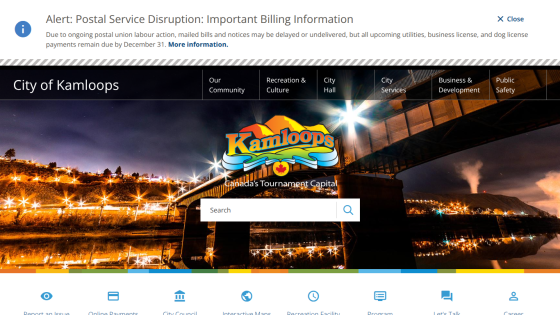 City of Kamloops website with navigation menu, city logo, scenic background, and search bar
