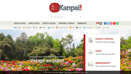 Homepage of Kanpai! featuring travel tips for Japan with vibrant floral background.