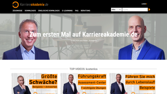 Career academy homepage with navigation, welcome message, and free top videos on leadership and resume guidance